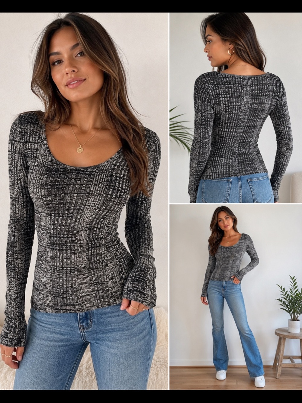 Ambiance Black and White Textured Ribbed Sweater Top